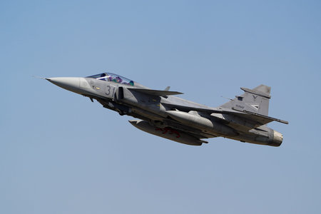 KONYA, TURKIYE - JULY 02, 2025: Hungary Air Force Saab JAS-39C Gripen (393302) take-off from Konya...