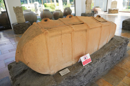ESKISEHIR, TURKIYE - SEPTEMBER 21, 2025: Sarcophagus in Eskisehir Eti Archaeology Museum in Eskisehir City, Turkiyeのeditorial素材
