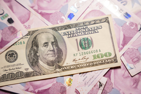 Isolated and Stacked 200 Turkish Liras and 100 Dollarsの写真素材