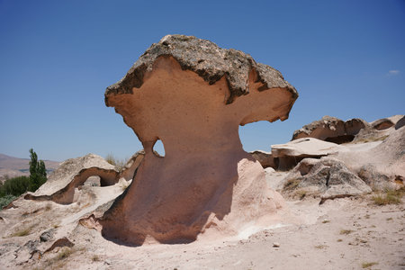 Mushroom rock in Gulsehir Open Palace Archaeological Site in Nevsehir City, Turkiyeの写真素材