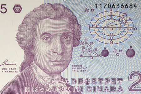 Obverse of 25 Dinars Shows Ruder Boskovic and geometric calculations