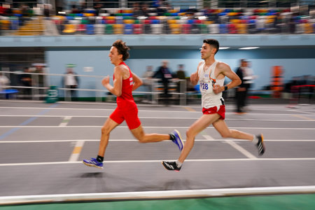 ISTANBUL, TURKIYE - JANUARY 07, 2026: Athletes running during Turkish Athletic Federation Olympic Threshold Competitions in Atakoy Athletics Arenaのeditorial素材
