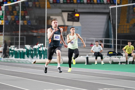ISTANBUL, TURKIYE - JANUARY 07, 2026: Athletes running 60 metres during Turkish Athletic Federation Olympic Threshold Competitions in Atakoy Athletics Arenaのeditorial素材