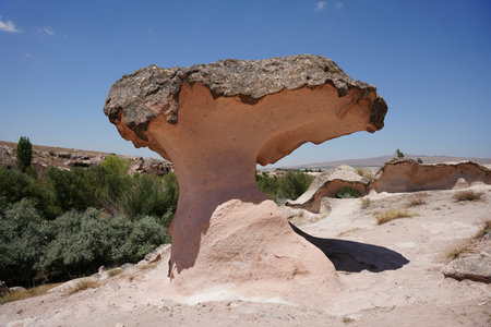 Mushroom rock in Gulsehir Open Palace Archaeological Site in Nevsehir City, Turkiyeの写真素材