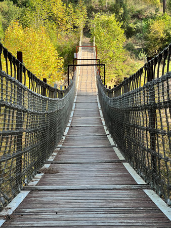 Wooden Suspension Bridge over a Valley