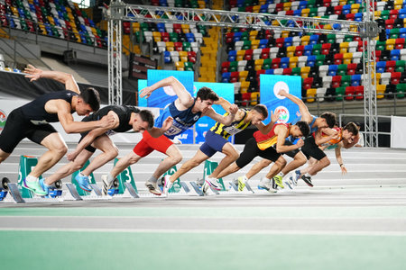 ISTANBUL, TURKIYE - JANUARY 31, 2026: Athletes running 60 metres during Turkish Indoor Athletics Championships in Atakoy Athletics Arenaのeditorial素材