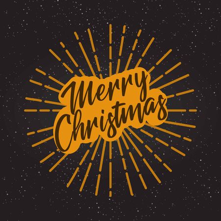 Golden text on black background. Merry Christmas and Happy New Year lettering for invitation and greeting card, prints and posters. Hand drawn inscription, calligraphic design. Vector illustrationのイラスト素材