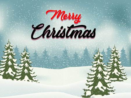 Christmas Landscape Postcard/ Illustration of a round with snowy christmas landscape background, firs, banner and wishes for winter and new year holidaysのイラスト素材