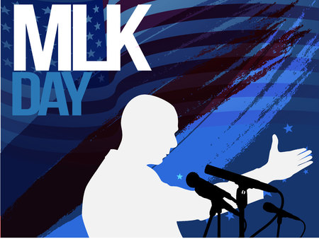 Martin Luther King Day flyer, banner or poster. Holiday background with waving flags, text and hands up. Vector flat illustration.old vintage microphoneのイラスト素材