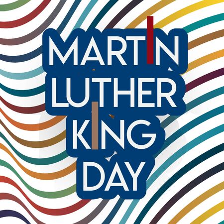 Martin Luther King Day flyer, banner or poster. Holiday background with waving flags, text and hands up. Vector flat illustration.old vintage microphoneのイラスト素材