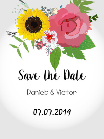 Marriage invitation card with custom sign and flower frame over wooden background. Vector illustration.のイラスト素材