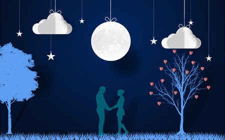 Romantic scene with trees, stars, clouds and moon vector illustrationのイラスト素材