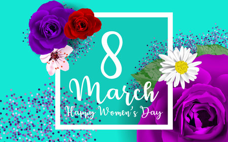 8 march modern background design with flowers. Happy women's day stylish greeting card with cherry...