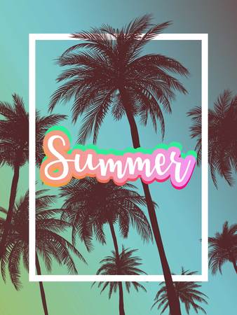 Summer california tumblr backgrounds set with palms, sky and sunset. Summer placard poster flyer invitation card. Summer party.のイラスト素材