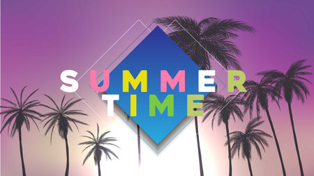 Summer background with palms, sky and sunset. Summer placard poster flyer invitation card. のイラスト素材