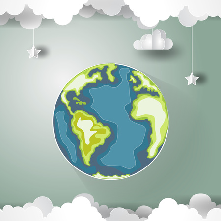 Happy Earth Day paper art world with paper clouds objects vector illustration.のイラスト素材