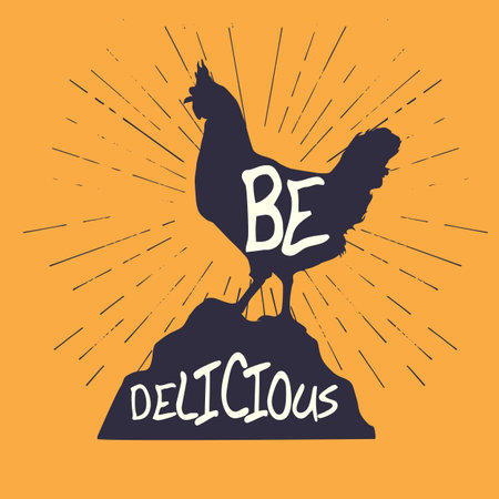 Hand Drawn Vintage Hipster Chicken and Sunburst background . Be delicious logo. T-shirt design.のイラスト素材