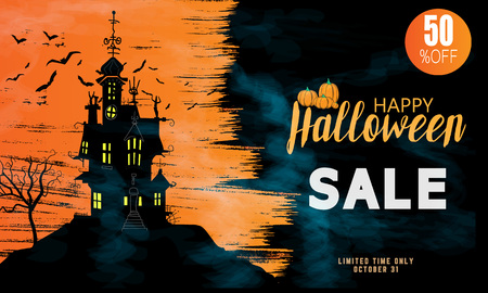 Halloween Sale vector banner with lettering and detailed engraving background. Pumpkin, witch hat, skull, cat hand drawn elements. Great for voucher, offer, coupon, holiday sale.のイラスト素材