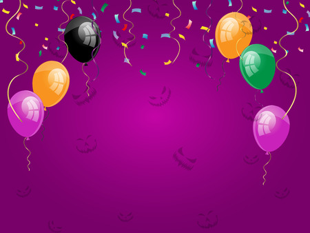 Vector happy halloween holiday poster with black, orange air balloons with happy halloween on purple background. Traditional trick or treat kids event decorationのイラスト素材