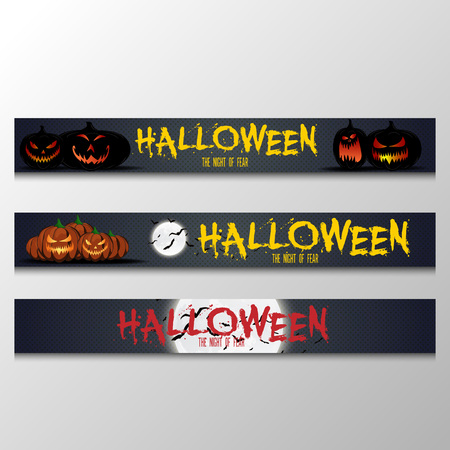 Cartoon halloween banners set. Grunge styled horizontal halloween banners with 'Happy Halloween' typography. Vector illustration.のイラスト素材
