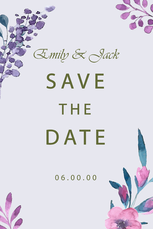 vertical template design of save the date card decorated with violet floral elements and golden textのイラスト素材