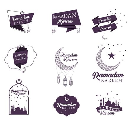 Ramadan Kareem greeting card, banner, poster, logo with lantern, crescent, moon and star elements. Vector arabic background in islamic styleのイラスト素材