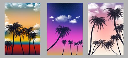 Summer tropical backgrounds set with palms, sky and sunset. Summer placard poster flyer invitation card. Summertime. Vector illustrationのイラスト素材