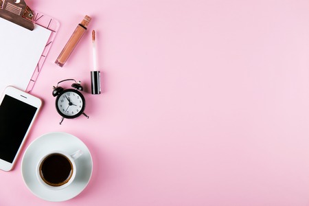 Content creator table concept. Laptop computer, modern wireless electronic gadget, supplies on clean desktop. Background, copy space, close up, flat lay, top view. Creative writer's neat workspace.の写真素材