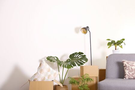 Bunch of blank unsigned moving boxes in new empty apartment. Spacious unfurnished room with unpacked cardboard box stack. Interior background, copy space for text.の写真素材