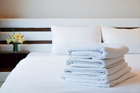 Hotel room with freshly made bed, perfectly clean and ironed snow white sheets, stack of new folded...
