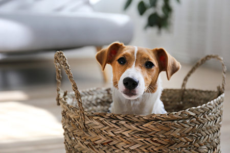 Curious Jack Russell Terrier puppy sitting in a basket and looking at the camera. Adorable dog with folded ears at home with funny look on its face. Close up, copy space, background.の写真素材