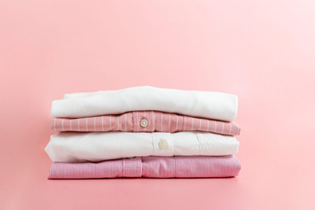 Stack of colorful perfectly folded clothing items. Pile of different pastel color shirts and...