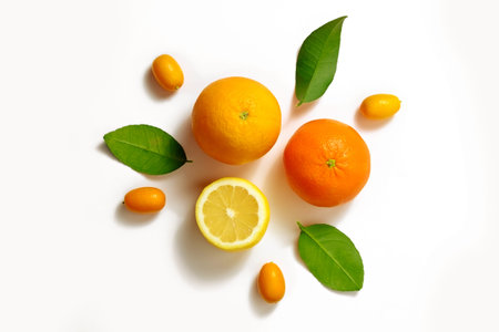 Close up image of juicy organic whole and halved oranges with green leaves & visible core texture,...