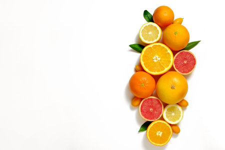Close up image of juicy organic whole and halved assorted citrus fruits, green leaves & visible core...