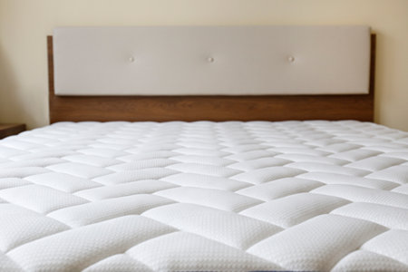 Close up shot of a white orthopedic mattress top side surface pattern on top of the bed. Hypoallergenic foam matress for proper spinal alingment and pressure point relief. Background, copy space.の写真素材