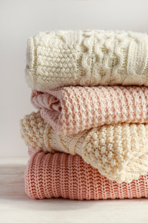 Stack of knitted warm sweaters on white wooden table, closeupの写真素材