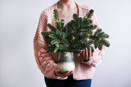 Young woman in a pink sweater holds a Christmas tree in her handsの写真素材