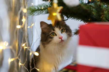 Cute cat on the background of a Christmas tree with garlandの写真素材