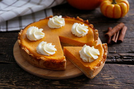 Pumpkin pie with whipped cream on wooden background, closeupの写真素材