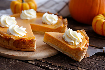 Pumpkin pie with whipped cream on a wooden boardの写真素材