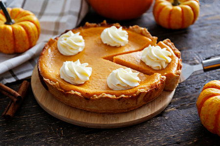 Pumpkin pie with whipped cream on a dark wooden background.の写真素材