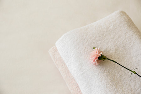 Hotel room with freshly made bed, perfectly clean and ironed sheets, stack of new folded towels and single flower as decoration in natural sun light. Close up, copy space for text.の写真素材