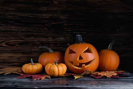 Halloween pumpkins and autumn leaves on dark wooden background. Copy space.