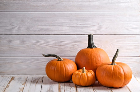 Pumpkins on white wooden background. Autumn harvest. Copy space.の写真素材