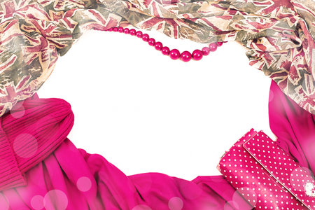 Decorative draping frame of the textile. Women accessories scarf red pattern British flag beads gift bag. White background top viewの写真素材