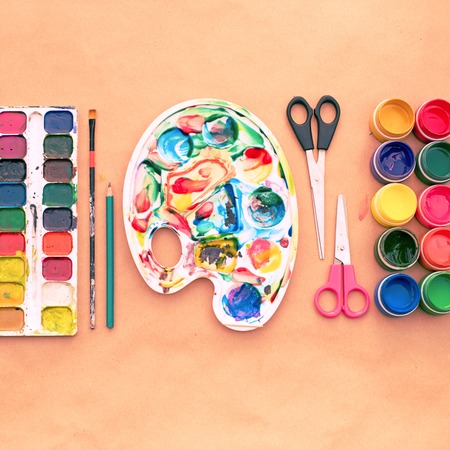 A set of materials for creativity and drawing Hobbies. Classes for creativity with children. Flat lay top viewの写真素材