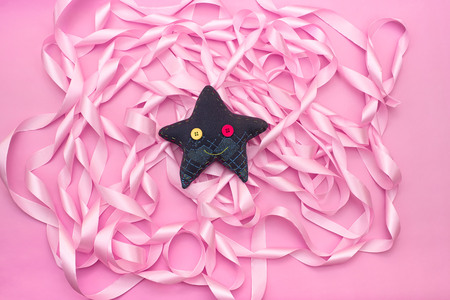 Textile toy star handmade. Children's creativity. Flat layの写真素材