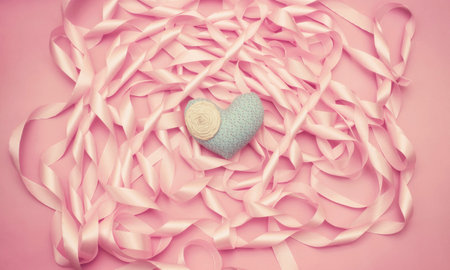 Textile heart on the background of a Coil of decorative satin ribbons of pink color. Material for...