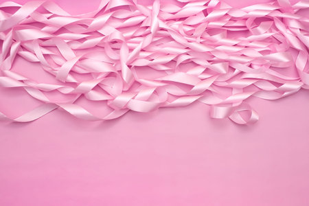 A coil of decorative satin ribbons of pink color. Material for creativity of Fashion Design. Festive decorationの写真素材