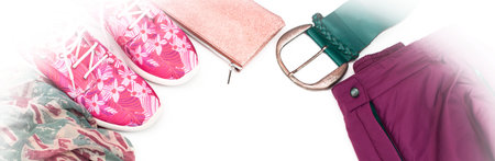 Banner Set of women clothes casual style. Modern accessories of a young woman. Top view Flat Layの写真素材